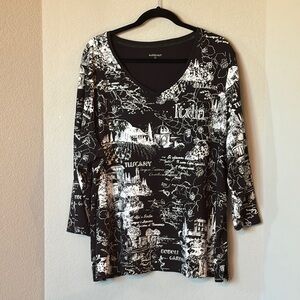 Allison Daley 3X Italy Print V Neck Top Faux Gem 3/4 Sleeve